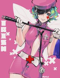 Rule 34 | 1girl, atlus, belt, blue eyes, blue hair, breasts, facepaint, fairy, fairy wings, gloves, hat, hat over one eye, highres, kasukyu9, nurse, open clothes, open shirt, persona, persona 2, pointy ears, short hair, skirt, stethoscope, syringe, trish (persona), wavy hair, wings