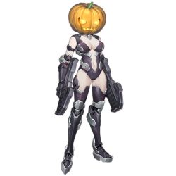 Rule 34 | 1girl, armlet, armor, artist request, black armor, black footwear, black gloves, black leotard, black sleeves, boots, breasts, center opening, detached sleeves, dual wielding, full body, girls&#039; frontline, gloves, gun, holding, holding gun, holding weapon, jack-o&#039;-lantern, large breasts, leg armor, leotard, navel, official alternate costume, official art, pale skin, pumpkin on head, ripper (girls&#039; frontline), sangvis ferri, science fiction, solo, standing, submachine gun, thigh boots, transparent background, weapon
