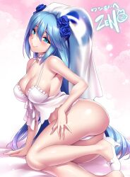 Rule 34 | 1girl, alternate costume, aqua (konosuba), arm support, ass, bare arms, blue flower, blue hair, blue rose, blush, bow, breasts, bridal veil, camisole, choker, cleavage, closed mouth, commentary request, commission, double-parted bangs, eyelashes, eyes visible through hair, flower, foot out of frame, footwear bow, frilled camisole, frilled choker, frills, hair between eyes, hair flower, hair ornament, hair spread out, halterneck, hand on own thigh, head tilt, high heels, jewelry, kono subarashii sekai ni shukufuku wo!, large breasts, legs, lips, long hair, looking at viewer, pink background, ring, rose, shiny skin, sideboob, sidelocks, signature, simple background, sitting, skeb commission, smile, solo, thighs, veil, very long hair, wedding ring, white camisole, white choker, white footwear, yokozuwari, zen (kamuro)