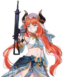 Rule 34 | 1girl, absurdres, aqua eyes, armpit cutout, blue skirt, breasts, brooch, clothing cutout, commentary, cowboy shot, crop top, fake horns, finger on trigger, genshin impact, gun, highres, holding, holding gun, holding weapon, horns, jewelry, long hair, long sleeves, mask, midriff, mouth mask, navel, neck ring, nilou (genshin impact), photo-referenced, red hair, simple background, skirt, small breasts, solo, standing, stomach, surgical mask, veil, very long hair, weapon, white background, yaya chan