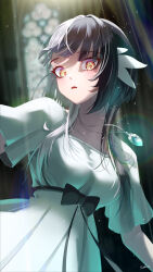 Rule 34 | 1girl, absurdres, black bow, black hair, blunt bangs, bow, dancing, dress, floating hair, flower, frown, hair flower, hair ornament, highres, hololive, hololive english, indoors, jewelry, light rays, long hair, looking at viewer, multicolored hair, necklace, shiori novella, short sleeves, solo, split-color hair, stained glass, two-tone hair, virtual youtuber, white dress, white flower, white hair, yellow eyes, yurakusai