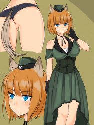 Rule 34 | &gt;:), 1girl, ^^^, animal ears, arm at side, ass, bare shoulders, black gloves, black panties, black ribbon, blue eyes, blush, brave witches, breasts, brown hair, closed mouth, commentary request, corset, cropped legs, dress, emirio (emirio110), garrison cap, gloves, green background, green dress, gundula rall, hat, highres, large breasts, multiple views, neck ribbon, panties, ribbon, short hair, smile, standing, tail, underwear, wolf ears, wolf tail, world witches series