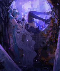 Rule 34 | 1girl, ahoge, backlighting, black footwear, black thighhighs, blue eyes, blue hair, brick wall, commentary, dress, feet against wall, from side, glowing, hand on own chest, hatsune miku, headphones, high heels, highres, hitokoto, layered dress, legs up, lying, on back, petals, purple theme, round window, ruins, solo, symbol-only commentary, thighhighs, twintails, vocaloid, white dress, window, wrist cuffs