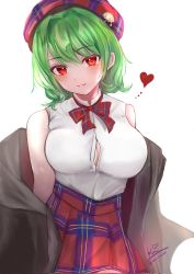 Rule 34 | 1girl, alternate costume, bad id, bad twitter id, beret, breasts, cismlyri, cleavage, coat, green hair, hat, heart, highres, kazami yuuka, large breasts, long skirt, looking at viewer, neck ribbon, plaid, plaid headwear, plaid ribbon, plaid skirt, red eyes, red hat, red ribbon, red skirt, ribbon, shirt, simple background, skirt, sleeveless, smile, solo, touhou, unbuttoned, unbuttoned shirt, wavy hair, white background, white shirt