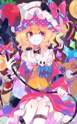 Rule 34 | 1girl, ascot, bad id, bad twitter id, black bow, black choker, blonde hair, blush, bow, bridal garter, chain, choker, commentary, crystal, detached sleeves, feet out of frame, flandre scarlet, food, frilled skirt, frills, fruit, hat, hat bow, highres, holding, laevatein (touhou), looking at viewer, medium hair, mob cap, one side up, polka dot, polka dot bow, red bow, red eyes, red skirt, red sleeves, red vest, scar, skirt, skull, slit pupils, smile, solo, strawberry, stuffed animal, stuffed toy, teddy bear, thigh strap, touhou, twitter username, umemaro (siona0908), vest, white hat, wide sleeves, wings, wrist cuffs, yellow ascot
