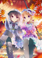 Rule 34 | 2girls, absurdres, alternate costume, arm up, asymmetrical legwear, autumn leaves, belt, black hat, black legwear, blonde hair, blurry, blush, bob cut, boots, bow, brown eyes, brown hair, capelet, cross-laced footwear, crossed legs, depth of field, dress, falling leaves, frills, fruit punch, hair between eyes, hair bow, hair ornament, hat, hat ribbon, highres, lace-up boots, layered dress, leaf, looking at another, maple leaf, maribel hearn, mismatched legwear, mob cap, multiple girls, oil-paper umbrella, open mouth, outdoors, pantyhose, puffy sleeves, purple eyes, ribbon, sash, short hair, short sleeves, sitting, smile, thighhighs, touhou, umbrella, usami renko, wavy hair, white hat, zettai ryouiki