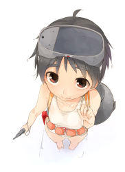 Rule 34 | 10s, 1girl, ahoge, aka ume, barefoot, black hair, brown eyes, diving mask, eyebrows, from above, goggles, kantai collection, maru-yu (kancolle), mask, mask on head, one-piece swimsuit, perspective, school swimsuit, short hair, solo, standing, swimsuit, white school swimsuit, white one-piece swimsuit