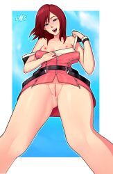 Rule 34 | 1girl, armband, belt, blue eyes, breasts, cloud, collarbone, feet out of frame, female focus, from below, gluteal fold, groin, highres, kairi (kingdom hearts), kingdom hearts, kingdom hearts iii, lips, loodncrood, looking at viewer, looking down, medium hair, miniskirt, nipples, no panties, open mouth, pink skirt, pulled by self, pussy, red hair, skirt, sky, small breasts, solo, spaghetti strap, strap pull, teeth, thighs, uncensored, upper teeth only, view between legs, zipper