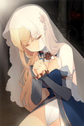 Rule 34 | 1girl, bare shoulders, blonde hair, breasts, choker, cleavage, closed eyes, detached sleeves, dress, hair ornament, helena k sink, long hair, lowres, own hands clasped, own hands together, praying, sitting, small breasts, solo, sword girls, veil
