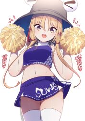Rule 34 | 1girl, absurdres, adapted costume, cheering, cheerleader, crop top, darumoon, flat chest, highres, holding, holding pom poms, midriff, miniskirt, moriya suwako, navel, parted bangs, pom pom (cheerleading), pom poms, short hair, simple background, skirt, solo, touhou, white background, yellow eyes