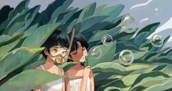 Rule 34 | 2girls, absurdres, black hair, blush, blowing bubbles, bubble wand, commentary request, covered mouth, diving mask, dress, goggles, green eyes, grey background, half-closed eyes, hand up, head tilt, highres, holding, leaf, looking ahead, mole, mole under eye, multiple girls, myango (applemangocrape), original, parted bangs, plant, plant request, short hair, side-by-side, sleeveless, sleeveless dress, snorkel, snorkel in mouth, soap bubbles, spaghetti strap, upper body