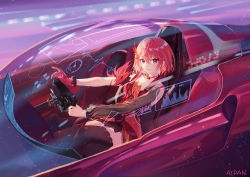 Rule 34 | 1girl, artist name, atdan, bare shoulders, black thighhighs, blush, car, choker, closed mouth, cockpit, commentary, detached sleeves, dress, driving, english commentary, feather hair ornament, feathers, gloves, hair ornament, holographic interface, long sleeves, looking at viewer, motion blur, motor vehicle, original, red choker, red dress, red eyes, red gloves, red hair, see-through, short dress, single detached sleeve, single glove, sitting, smile, solo, thighhighs
