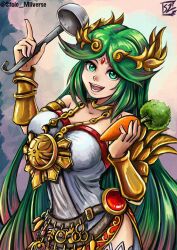 Rule 34 | 1girl, breasts, carrot, chain, diadem, dress, forehead jewel, gold chain, green eyes, green hair, highres, holding, holding ladle, kid icarus, kid icarus uprising, ladle, large breasts, long hair, looking at viewer, medium breasts, nintendo, open mouth, palutena, smile, solo, stoic seraphim, strapless, strapless dress, vambraces, very long hair