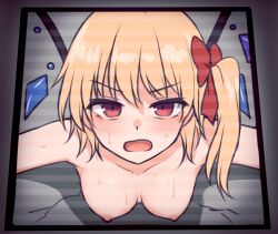 Rule 34 | 1girl, angry, blonde hair, blush, breasts, completely nude, crystal, flandre scarlet, looking at viewer, miyo (ranthath), nipples, nude, open mouth, red eyes, screen, side ponytail, small breasts, solo, sweat, through wall, touhou, wings