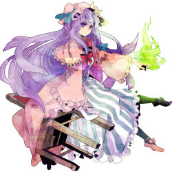 Rule 34 | 1girl, bad id, bad pixiv id, black nails, bow, chair, colored eyelashes, crescent, crescent moon, expressionless, eyelashes, female focus, fire, hair bow, hat, long hair, magic, moon, nail polish, pantyhose, patchouli knowledge, purple eyes, purple hair, robe, solo, striped, tarako supa, touhou, very long hair