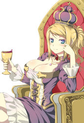 Rule 34 | 1girl, alcohol, blonde hair, blue eyes, breasts, cleavage, crossed legs, crown, cup, dress, drinking glass, frills, head rest, jewelry, large breasts, looking at viewer, moejin, necklace, ponytail, purple dress, queen, sitting, smile, solo, throne, wine