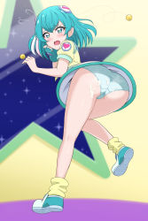 Rule 34 | 1girl, acchi (koiyimknp), ass, asymmetrical gloves, blue eyes, blue gloves, blue hair, blue panties, blush, cum, cum on ass, cum on clothes, embarrassed, fingerless gloves, floating hair, from behind, full body, gloves, hagoromo lala, hair between eyes, hair ornament, heart, heart print, highres, kneepits, long hair, looking at viewer, miniskirt, multicolored hair, open mouth, panties, pantyshot, pointy ears, precure, shirt, short sleeves, single glove, skirt, socks, solo, star (sky), star twinkle precure, streaked hair, underwear, uneven gloves, wavy mouth, white skirt, yellow shirt, yellow socks