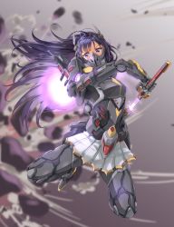 Rule 34 | 1girl, armor, armored skirt, blurry, blurry background, dulldull, explosion, flying, full body, glowing, glowing sword, glowing weapon, headgear, highres, joints, jumping, king&#039;s raid, long hair, mask, mecha musume, power armor, purple eyes, purple hair, scabbard, science fiction, seria (king&#039;s raid), sheath, skirt, solo, sword, thrusters, unsheathing, very long hair, weapon, window