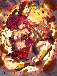 Rule 34 | 3girls, aqua eyes, backlighting, bare shoulders, baton, blue hair, boots, breasts, bustier, cleavage, coin, commentary, confetti, eureka brider, closed eyes, gloves, grin, hair over one eye, hat, highres, instrument, large breasts, long hair, midriff, money, multiple girls, music, navel, original, pamu (eureka brider), panties, pantyshot, pink hair, playing instrument, pleated skirt, rachel (eureka brider), red skirt, revealing clothes, ringlets, shako cap, skirt, smile, solo focus, thigh boots, thighhighs, trumpet, underwear, white gloves, white legwear