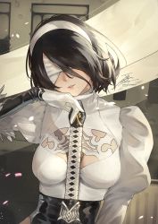 Rule 34 | 1girl, black hair, blindfold, breasts, cleavage, dark-skinned female, dark skin, fadingz, gloves, hairband, highres, holding, holding sword, holding weapon, lips, looking at viewer, medium breasts, mole, mole under mouth, nier (series), nier:automata, parted lips, pixiv id, short hair, signature, sword, upper body, weapon, white gloves, white hairband, 2b (nier:automata)
