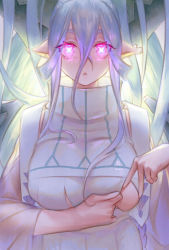 Rule 34 | + +, 1girl, absurdres, backlighting, bing (fukuwarai), braid, breasts, clothes pull, curled horns, dress, fate/grand order, fate/grand order arcade, fate (series), glowing, glowing eyes, hair between eyes, highres, horns, large breasts, larva tiamat (fate), larva tiamat (third ascension) (fate), long hair, long horns, long sleeves, looking at viewer, pink eyes, pointy ears, ribbed dress, sidelocks, silver hair, solo, symbol-shaped pupils, tiamat (fate), very long hair, white dress