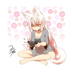 Rule 34 | ..., animal ear fluff, animal ears, breasts, cleavage, collarbone, commentary request, crossed legs, floral background, fox ears, fox girl, fox tail, grey shirt, hair between eyes, handheld game console, indian style, kohaku (yua), large breasts, long hair, original, shirt, sidelocks, signature, simple background, sitting, solo, sweatdrop, tail, thick eyebrows, white background, yellow eyes, yua (checkmate)