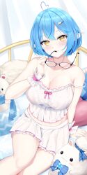 Rule 34 | 1girl, ahoge, arm support, bare shoulders, blue hair, blush, bob cut, breasts, camisole, character hair ornament, cleavage, commentary request, creid, crossed bangs, daifuku (yukihana lamy), unworn eyewear, frilled camisole, frills, glasses, hair between eyes, hair ornament, heart, heart ahoge, highres, holding, holding removed eyewear, hololive, indoors, large breasts, looking at viewer, miniskirt, multicolored hair, official alternate hair length, official alternate hairstyle, on bed, pajamas, pillow, pointy ears, polka dot, polka dot camisole, polka dot skirt, short hair, sitting, skirt, sleepwear, solo, strap slip, streaked hair, virtual youtuber, white camisole, white skirt, wrist cuffs, yellow eyes, yokozuwari, yukihana lamy, yukimin (yukihana lamy)