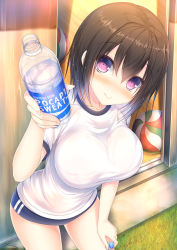 Rule 34 | 1girl, ball, blush, bottle, brand name imitation, breasts, brown hair, buruma, grass, gym uniform, hand on own knee, highres, holding, large breasts, leaning forward, looking at viewer, original, pocari sweat, purple eyes, religious offering, short hair, smile, solo, taiki ken, volleyball (object), water bottle