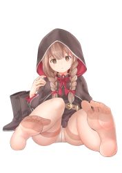 Rule 34 | 1girl, absurdres, bad id, bad pixiv id, belt, black capelet, black dress, blush, boots, unworn boots, braid, breasts, brown belt, brown eyes, brown hair, capelet, closed mouth, dress, feet, fsey5372, hair ribbon, highres, hood, hooded capelet, kantai collection, large breasts, long hair, long sleeves, no shoes, panties, panties under pantyhose, pantyhose, pleated dress, red ribbon, ribbon, see-through, see-through legwear, shinshuu maru (kancolle), simple background, solo, toes, twin braids, underwear, white panties