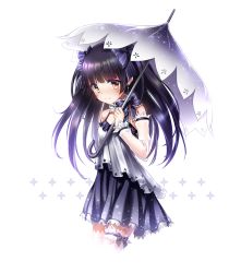 Rule 34 | 1girl, arm at side, bad id, bad pixiv id, black hair, black skirt, blunt bangs, blush, bow, brown eyes, detached sleeves, earrings, hair bow, jewelry, karen (navy 42), long hair, looking at viewer, original, purple bow, simple background, skirt, solo, stand, starry sky print, thigh strap, umbrella, white background