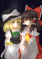 Rule 34 | 2girls, absurdres, apron, ascot, bad id, bad pixiv id, bare shoulders, blonde hair, blouse, blush, bow, bowtie, braid, brown eyes, brown hair, candle, candlelight, collared shirt, commentary, detached sleeves, gohei, hakurei reimu, highres, kirisame marisa, long hair, looking at viewer, multiple girls, puffy short sleeves, puffy sleeves, scared, shirt, short sleeves, side braid, single braid, skirt, skirt set, touhou, unira, vest, waist apron, wavy mouth, yellow ascot, yellow eyes