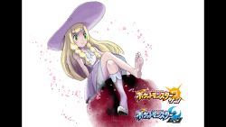 Rule 34 | 10s, 1girl, :&lt;, artist request, barefoot, blonde hair, creatures (company), feet, game freak, green eyes, hat, highres, legs, lillie (pokemon), logo, long hair, looking at viewer, nintendo, non-web source, pokemon, pokemon sm, shoes, single shoe, single sock, sitting, socks, soles, solo, source request, sun hat, toes