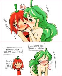 Rule 34 | 2girls, blush, blush stickers, boma, breasts, chili pepper, cleavage, closed eyes, comic, green eyes, green hair, habanero-tan, habanero pepper, hard-translated, jalapeno (boukun habanero), licking, lowres, multiple girls, one eye closed, original, personification, red eyes, red hair, simple background, third-party edit, translated, white background, wince, yuri