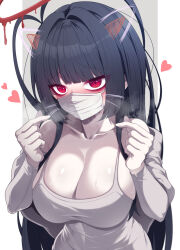 Rule 34 | 1girl, animal ears, antenna hair, bags under eyes, black hair, blue archive, blush, breasts, breath, cat ears, cleavage, collarbone, double finger heart, dress, fake animal ears, fake whiskers, finger heart, fuyu no usagi, grey dress, halo, heart, highres, large breasts, looking at viewer, mask, melting halo, mouth mask, pale skin, pillarboxed, red eyes, red halo, simple background, sleeveless, sleeveless dress, solo, tsurugi (blue archive), two-tone background, upper body, whiskers, white mask