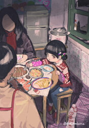 Rule 34 | 1boy, 2girls, apron, black hair, blunt bangs, bottle, child, chinese commentary, denim, dinner, faceless, faceless female, facing away, family, food request, hair bun, hair ornament, holding, holding spoon, indoors, jeans, kitchen, long hair, long sleeves, multiple girls, on stool, original, outstretched arm, pants, pink eyes, rainbow hair ornament, reaching, red medicine, red socks, red sweater, rice cooker, short hair, shrimp, sitting, socks, spoon, sweater, tile floor, tiles, twitter username