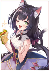 Rule 34 | 1girl, ;d, animal ear fluff, animal ears, bare arms, black hair, black ribbon, blurry, blurry background, blush, bustier, cat ears, cat girl, cat tail, fang, floating hair, food, framed, green eyes, holding, holding food, iku2727, karyl (princess connect!), long hair, neck ribbon, one eye closed, open mouth, princess connect!, purple skirt, ribbon, sandwich, shirt, skirt, sleeveless, sleeveless shirt, smile, solo, tail, very long hair, white background, white shirt