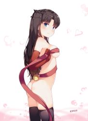 Rule 34 | 1girl, artist name, ass, bare shoulders, bell, black hair, black thighhighs, blue eyes, blush, breasts, butt crack, covered erect nipples, elbow gloves, fate/stay night, fate (series), female focus, gloves, hair ribbon, heart, highres, kimoshi, long hair, looking at viewer, looking back, looking to the side, medium breasts, naked ribbon, red gloves, red ribbon, ribbon, shiny skin, sideboob, solo, standing, thighhighs, tohsaka rin, two side up, type-moon