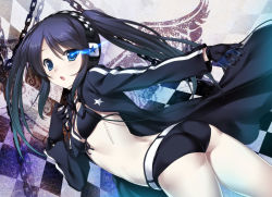 Rule 34 | 10s, 1girl, 47agdragon, ass, belt, bikini, bikini top only, black bikini, black gloves, black hair, black rock shooter, black rock shooter (character), blue eyes, blush, chain, checkered background, coat, front-tie top, gloves, headphones, long hair, navel, open mouth, revision, scar, short shorts, shorts, solo, star (symbol), swimsuit, twintails