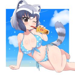 Rule 34 | 1girl, ;), animal ears, arm support, bare arms, bare legs, bare shoulders, barefoot, bikini, black hair, blush, border, breasts, brown eyes, bubble tea, chibi, cleavage, closed mouth, collarbone, common raccoon (kemono friends), cup, day, disposable cup, drink, drinking, drinking straw, drinking straw in mouth, extra ears, front-tie bikini top, front-tie top, grey hair, hair between eyes, halterneck, hand up, highres, holding, holding cup, immanuel kant04, kemono friends, large breasts, leaning to the side, medium hair, multicolored hair, navel, ocean, one eye closed, outdoors, outstretched arm, polka dot, polka dot bikini, raccoon ears, raccoon tail, side-tie bikini bottom, side-tie bottom, sidelocks, sitting, smile, solo, stomach, strap gap, string bikini, swimsuit, tail, toes, water, white hair