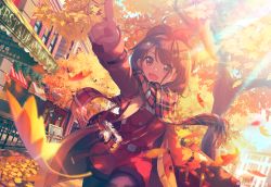 Rule 34 | 1girl, :d, autumn, autumn leaves, ayataka, belt, blurry, blurry background, blurry foreground, brown eyes, brown hair, building, camera, commentary request, depth of field, falling leaves, hair ornament, hairclip, hat, holding, holding suitcase, leaf, light rays, long sleeves, luggage, maple leaf, medium hair, open mouth, original, outdoors, pantyhose, pointing, rolling suitcase, scarf, signature, sky, smile, solo, suitcase, tree, twitter username