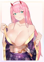 Rule 34 | 1girl, alternate breast size, bare shoulders, breasts, commission, darling in the franxx, green eyes, hairband, horns, japanese clothes, kaiend, kimono, large breasts, long hair, long sleeves, looking at viewer, no bra, obi, oni horns, open clothes, open kimono, pink hair, purple kimono, red horns, sash, simple background, skindentation, smile, solo, straight hair, undressing, very long hair, white background, white hairband, wide sleeves, zero two (darling in the franxx)