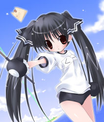 Rule 34 | 1girl, black hair, bow, cloud, day, gloves, gym uniform, kooh, long hair, paco, pangya, red eyes, sky, solo, twintails