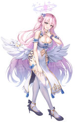 Rule 34 | 1girl, alternate costume, black footwear, blue archive, blue bow, bnari, bow, breasts, china dress, chinese clothes, cleavage, dress, feathered wings, full body, hair bun, halo, high heels, highres, large breasts, long hair, looking at viewer, low wings, mika (blue archive), navel, open mouth, pink hair, simple background, single hair bun, smile, solo, thighhighs, white background, white dress, white thighhighs, white wings, wings, yellow eyes