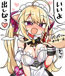 Rule 34 | 1girl, :d, ahoge, blonde hair, blush, breasts, cleavage, commentary request, heart, kanikama, large breasts, long hair, lowres, maid headdress, nijisanji, open mouth, purple eyes, sexually suggestive, smile, speech bubble, sweat, takamiya rion, takamiya rion (3rd costume), translation request, twintails, virtual youtuber