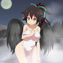 Rule 34 | 1girl, bare shoulders, bird wings, black wings, blush, bow, breasts, brown hair, c:, cato (monocatienus), collarbone, covering privates, curvy, female focus, hair bow, hair ribbon, large breasts, looking at viewer, moon, moonlight, naked towel, nude cover, onsen, outdoors, ponytail, red eyes, reiuji utsuho, ribbon, sky, smile, solo, star (sky), starry sky, touhou, towel, wide hips, wings