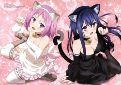 Rule 34 | 10s, 2girls, absurdres, animal ears, ban yukiko, bell, blue eyes, blue hair, blush, boots, breasts, cat ears, cat tail, cleavage, collar, detached sleeves, fishnets, gokukoku no brynhildr, hairband, highres, jingle bell, kazumi schlierenzauer, kuroha neko, mary janes, medium breasts, multiple girls, neck bell, non-web source, official art, open mouth, pantyhose, paw pose, pink hair, shoes, small breasts, tail, thighhighs, white legwear