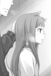 Rule 34 | 1boy, 1girl, animal ears, ayakura juu, craft lawrence, from side, greyscale, hand on another&#039;s head, holo, monochrome, novel illustration, official art, parted lips, spice and wolf, upper body, wolf ears