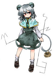 Rule 34 | 1girl, animal ears, basket, black footwear, blue capelet, capelet, closed mouth, commentary request, crystal, dowsing rod, expressionless, full body, grey hair, grey skirt, grey vest, hair between eyes, highres, jewelry, long sleeves, looking to the side, mouse ears, mouse girl, mouse tail, nazrin, otama (jcts), pendant, red eyes, shirt, shoes, short hair, simple background, skirt, skirt set, socks, solo, tail, touhou, vest, white background, white shirt, white socks