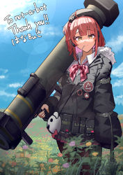 Rule 34 | 1girl, absurdres, blush, candy, commission, cowboy shot, fgm-148 javelin, food, girls&#039; frontline, hanabusaraleigh, highres, lollipop, man-portable anti-tank systems, medium hair, missile launcher, mp7 (girls&#039; frontline), pantyhose, red hair, ribbon, rocket launcher, skeb commission, smile, solo, weapon, yellow eyes