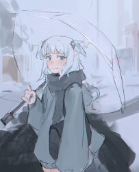 Rule 34 | 1girl, :3, absurdres, alternate costume, bag, blue eyes, blurry, blurry background, blush, chunkyeggy, cowboy shot, fang, gawr gura, grey hair, grey jacket, grey scarf, hair ornament, highres, holding, holding umbrella, hololive, hololive english, jacket, light smile, long hair, looking at viewer, no pants, outdoors, road, scarf, shark hair ornament, shoulder bag, skin fang, snow, solo, street, transparent, transparent umbrella, umbrella, virtual youtuber, white hair, winter